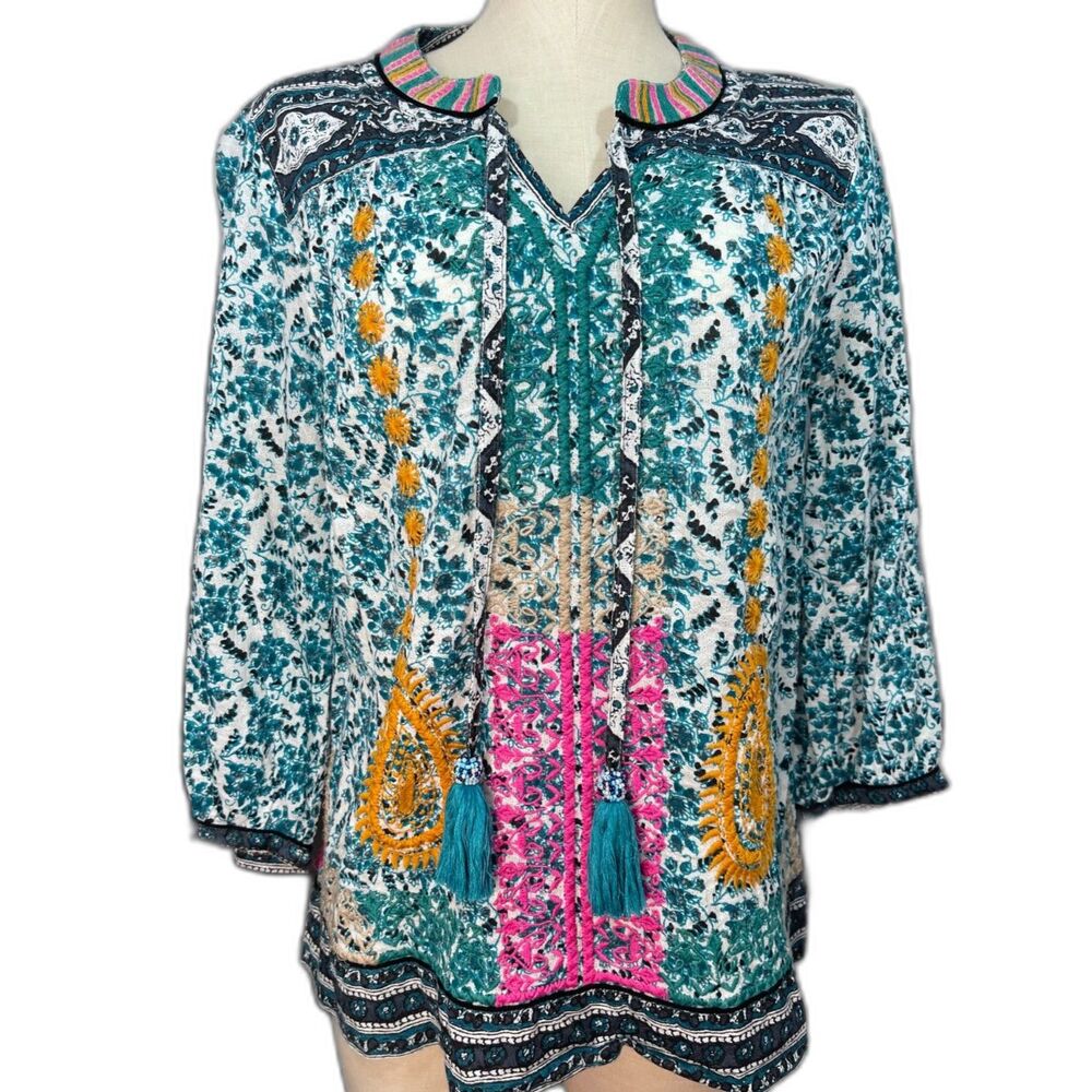 John Mark Embroidered Cotton Tunic S Peasant Blue Pink Festival Boho Tassel Top